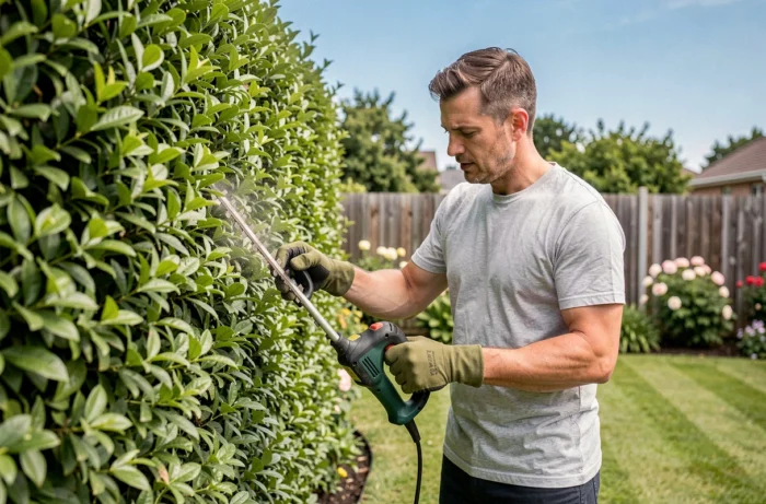 Homme utilisant un taille-haie électrique filaire pour tailler une haie verte dans un jardin entretenu