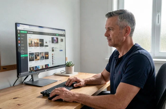 Uomo che scarica film e documentari sul suo computer desktop in un ufficio domestico