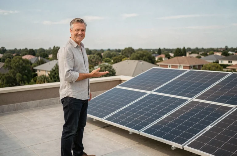 Homme debout sur un toit résidentiel avec des panneaux solaires photovoltaïques installés, illustrant l'autoconsommation solaire