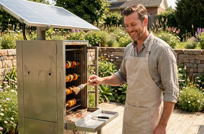 Homme souriant en tablier de lin utilisant un tourne-broche solaire pour faire rôtir des légumes sur une terrasse en bois lors d'un barbecue éco-responsable