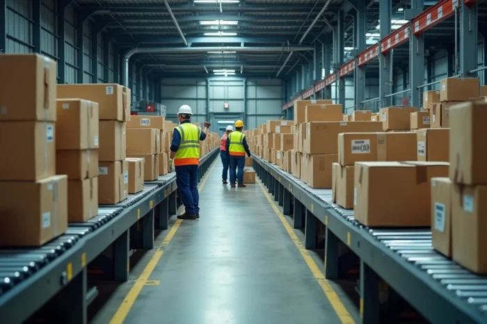 Vue intérieure d'un hub logistique de tri de colis avec convoyeurs et agents en gilets jaunes