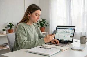 Jeune influenceuse digitale analysant ses statistiques sur ordinateur portable dans un studio minimaliste moderne