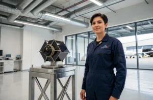 Ingénieure aérospatiale française devant un prototype de satellite dans un laboratoire de startup spatiale innovante