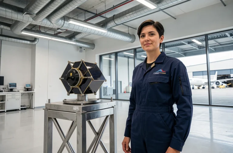 Ingénieure aérospatiale française devant un prototype de satellite dans un laboratoire de startup spatiale innovante