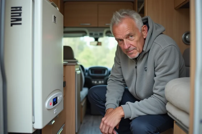 Homme inspectant un code erreur affiché sur un chauffage Truma Combi dans un camping-car moderne