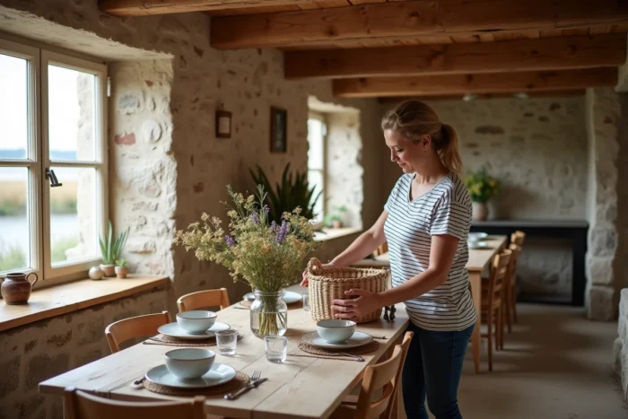 Intérieur rénové d'une maison éclusière bretonne transformée en gîte touristique avec vue sur le canal