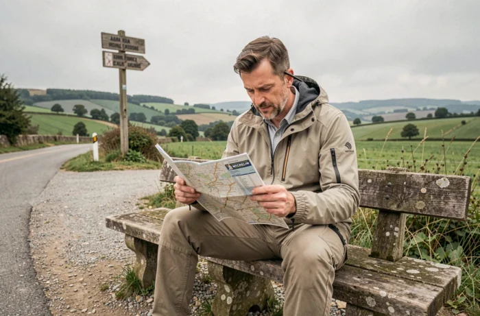 Homme consultant une carte Michelin dépliée lors d'une pause en bord de route dans un paysage rural français