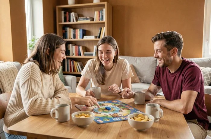 Groupe d'amis jouant à un jeu de société autour d'une table en bois dans un appartement chaleureux, loisir convivial en intérieur