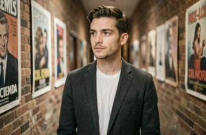 Jeune acteur français prometteur dans un couloir de studio de cinéma parisien, portant un blazer gris anthracite, regard confiant et expression posée