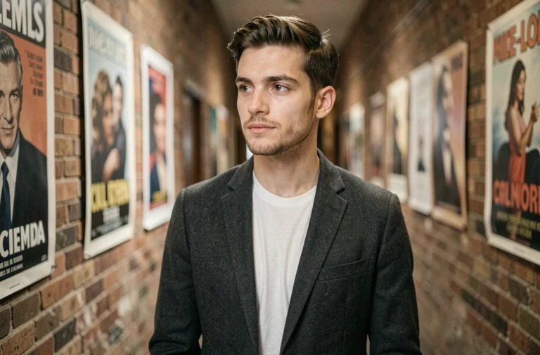 Jeune acteur français prometteur dans un couloir de studio de cinéma parisien, portant un blazer gris anthracite, regard confiant et expression posée