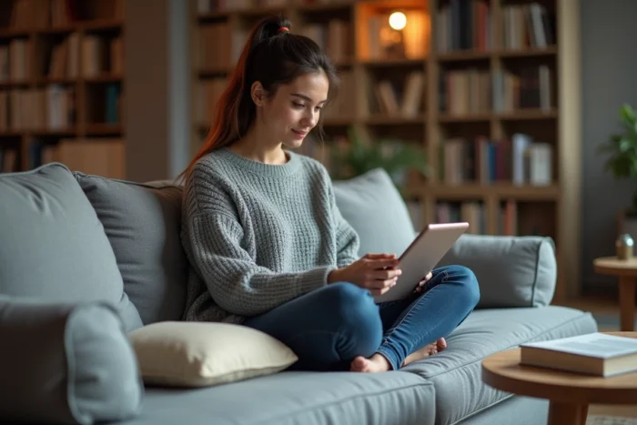 Jeune femme configurant l'impression de son livre en ligne sur une tablette depuis son salon