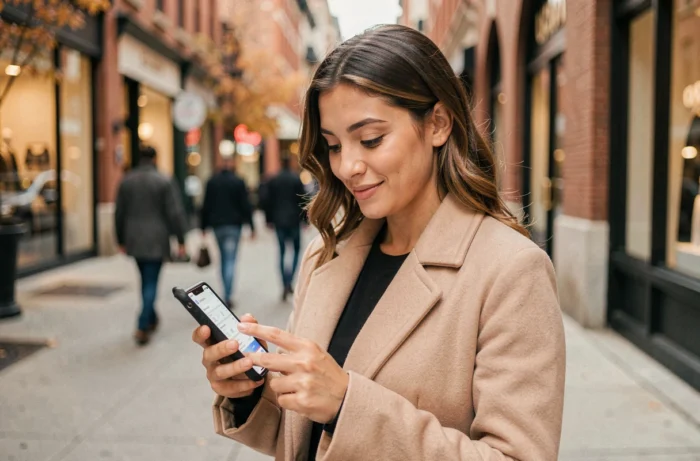 Jeune femme cherchant des informations sur La Fantaisie et ses services via une application sur son smartphone en ville