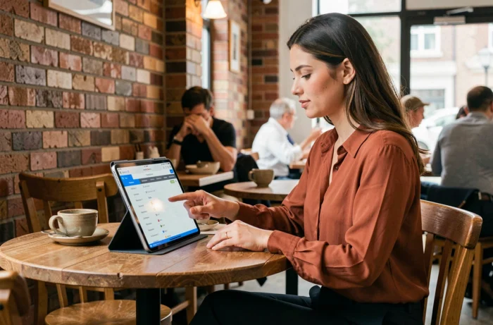 Giovane donna che cerca informazioni di contatto su un tablet in un caffè urbano