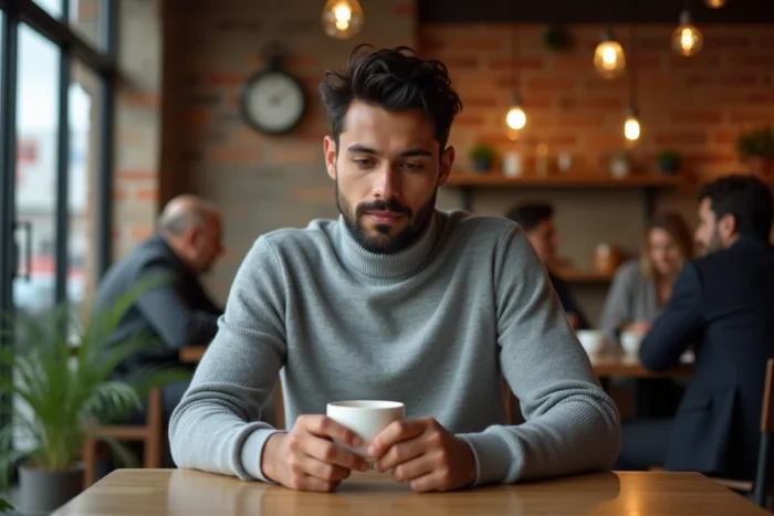 Jeune homme discret attablé dans un café parisien, tenant une tasse d'espresso, ambiance intimiste et sobre