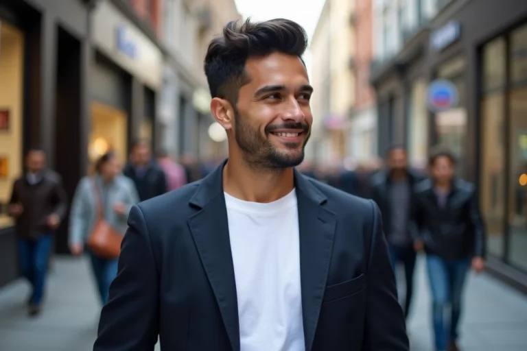 Portrait urbain d'un jeune homme latino en blazer marine, air confiant, rue animée en arrière-plan flou