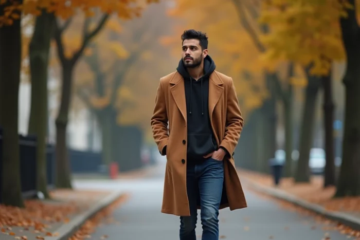 Jeune célébrité marchant seule sur un boulevard parisien en automne, manteau camel, feuilles mortes au sol