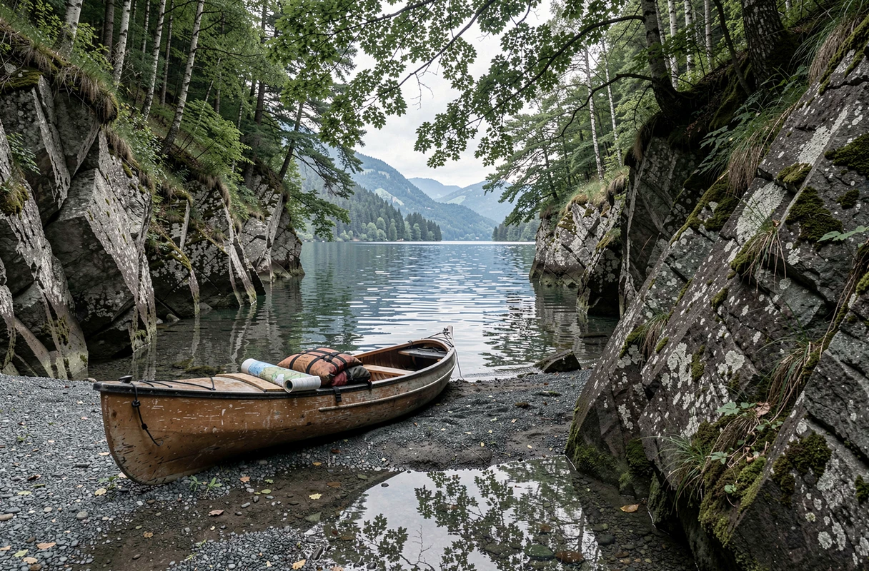 Kayak échoué sur une crique cachée du lac du Bourget accessible uniquement par l'eau