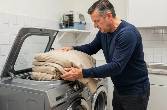 Homme lavant les draps en machine après avoir donné un vermifuge à son chat, dans une buanderie propre