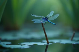 Libellule bleue posée sur un roseau au-dessus d'un étang calme, symbolisme spirituel et énergie chakra