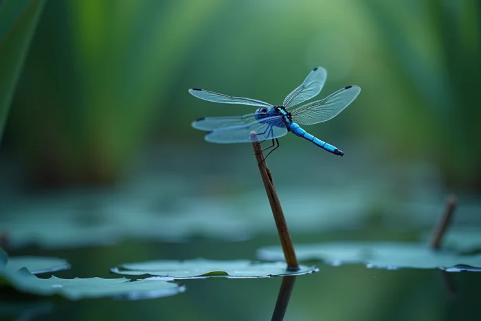 Libellule bleue posée sur un roseau au-dessus d'un étang calme, symbolisme spirituel et énergie chakra