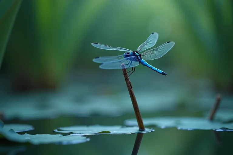Libellule bleue posée sur un roseau au-dessus d'un étang calme, symbolisme spirituel et énergie chakra