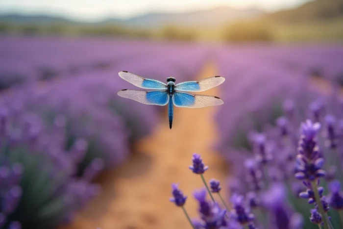 Libellule bleue en vol au-dessus d'un champ de lavande, symbolisme de transformation et énergie spirituelle