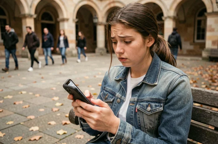 Lycéenne vérifiant sa messagerie académique de Lyon sur smartphone dans une cour d'école