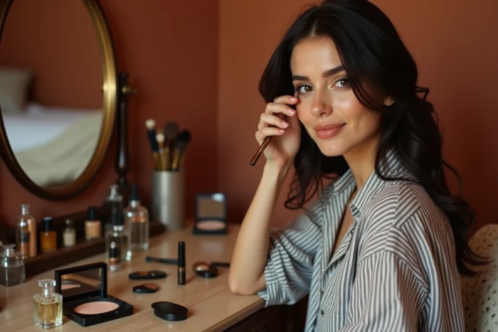Jeune femme se maquillant devant une coiffeuse vintage avec des pinceaux et produits de beauté, tendances maquillage