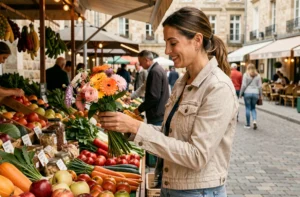Femme découvrant un marché artisanal en plein air à Nantes, entre légumes frais et fleurs colorées
