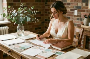 Mariée en robe ivoire organisant son mariage avec un carnet de planification et des échantillons floraux sur une table en bois rustique