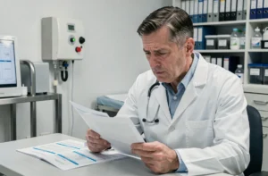 Médecin examinant des résultats de bilan lipidique dans un cabinet médical moderne