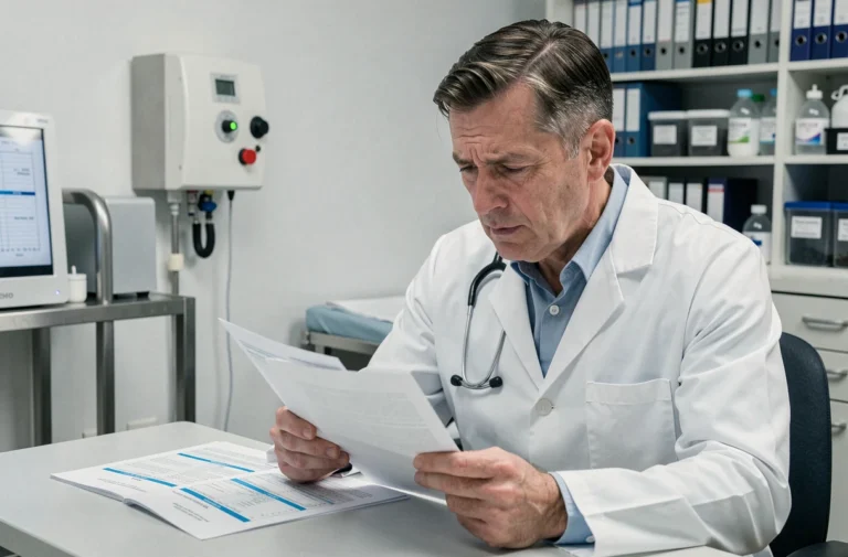 Médecin examinant des résultats de bilan lipidique dans un cabinet médical moderne