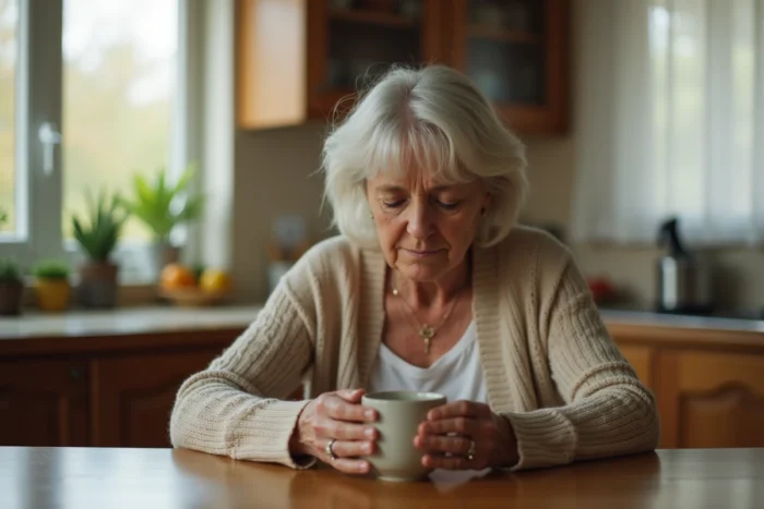 Mère d'une cinquantaine d'années assise seule à la table de cuisine, l'air pensif et épuisé, tenant une tasse entre ses mains, illustrant la culpabilité parentale face aux reproches d'une fille adulte