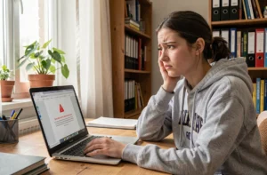 Enseignante frustrée devant un écran d'erreur sur son ordinateur portable, tentant d'accéder à sa messagerie académique Pia Amiens