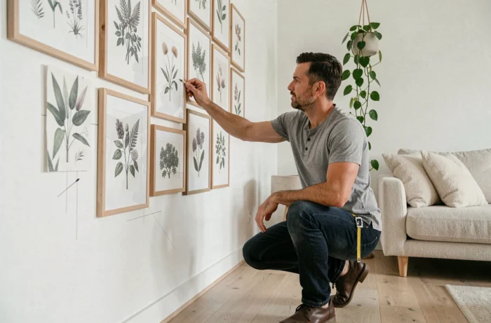 Homme installant un mur de cadres botaniques dans un intérieur scandinave minimaliste
