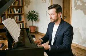 Chanteur lyrique contemplant une partition sur un piano à queue dans une salle de répétition en bois aux murs patinés