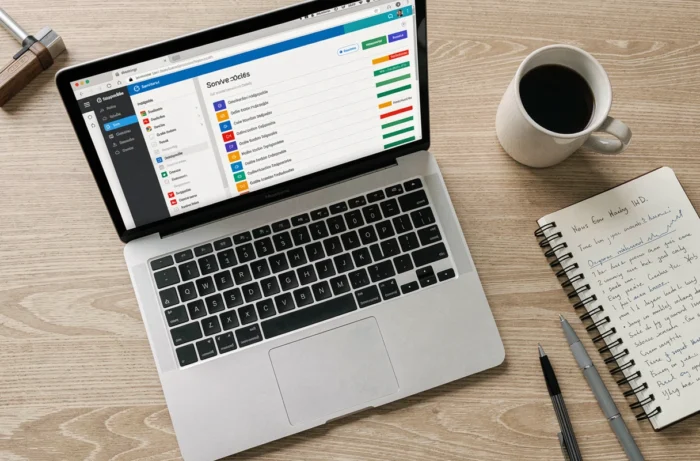 Vue aérienne d'un ordinateur portable affichant une page de statut des services en ligne pour diagnostiquer une panne de messagerie académique
