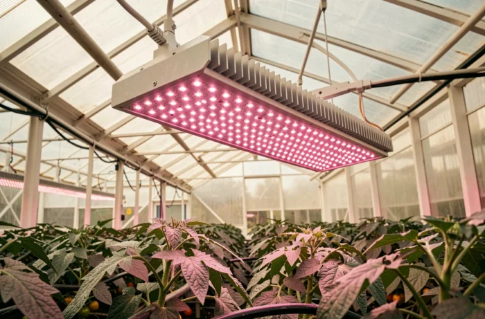 Customized VGD horticultural LED panel above tomato plants in a commercial greenhouse