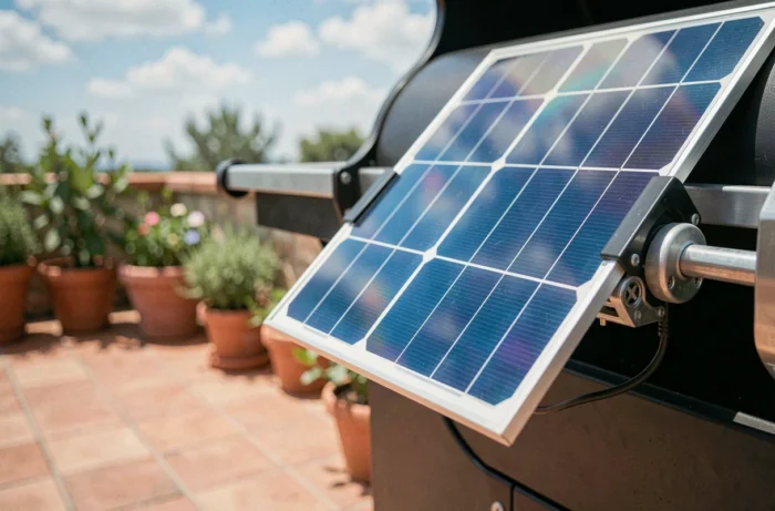 Gros plan sur le panneau solaire et le moteur électrique d'un tourne-broche écologique fixé sur un grill de jardin moderne