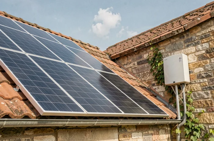 Pannelli solari monocristallini installati su un tetto in tegole di una casa provenzale con inverter a parete, soluzione di autoconsumo solare rurale