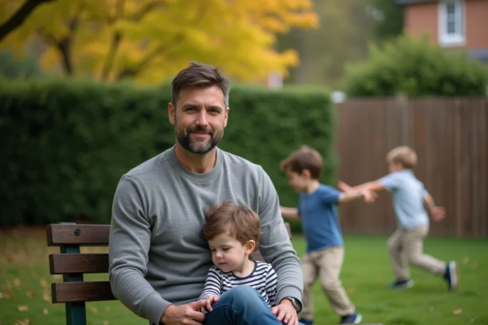 Père avec ses enfants dans un jardin résidentiel, scène familiale naturelle et spontanée