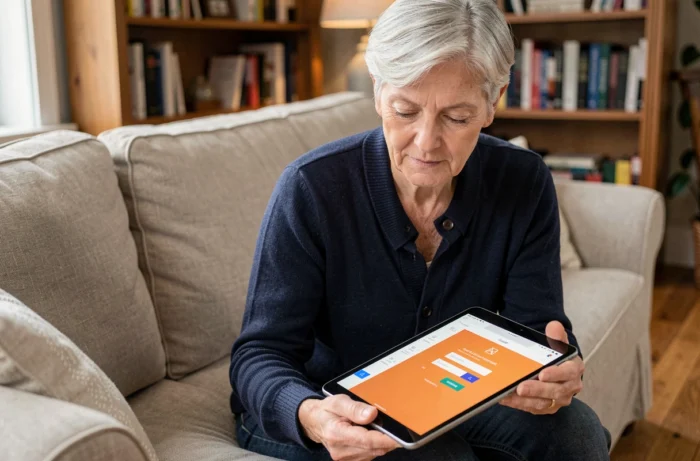 Persona anziana che consulta la sua messaggistica Orange Mail su un tablet in un salotto confortevole
