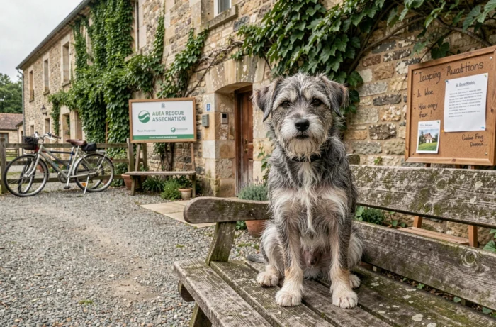 Petit chien terrier attendant l'adoption dans la cour d'une association de sauvetage animale en Gironde