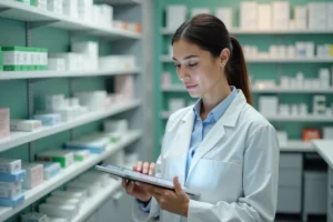 Pharmacienne examinant des données pharmaceutiques sur tablette dans une pharmacie moderne et innovante
