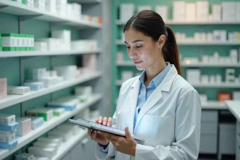 Pharmacienne examinant des données pharmaceutiques sur tablette dans une pharmacie moderne et innovante