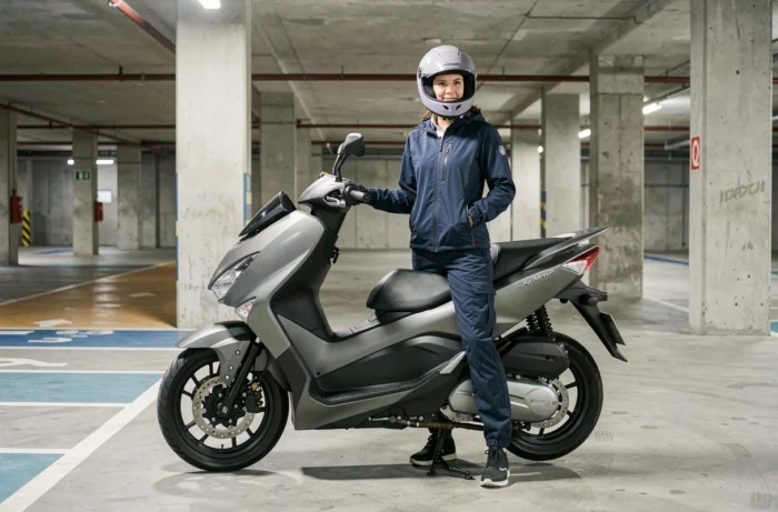 Femme pilote à côté d'un Yamaha Xmax 125 garé dans un parking urbain, vue de profil