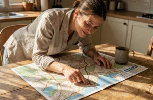 Femme planifiant un itinéraire en traçant un itinéraire sur une carte Michelin dépliée posée sur une table en bois
