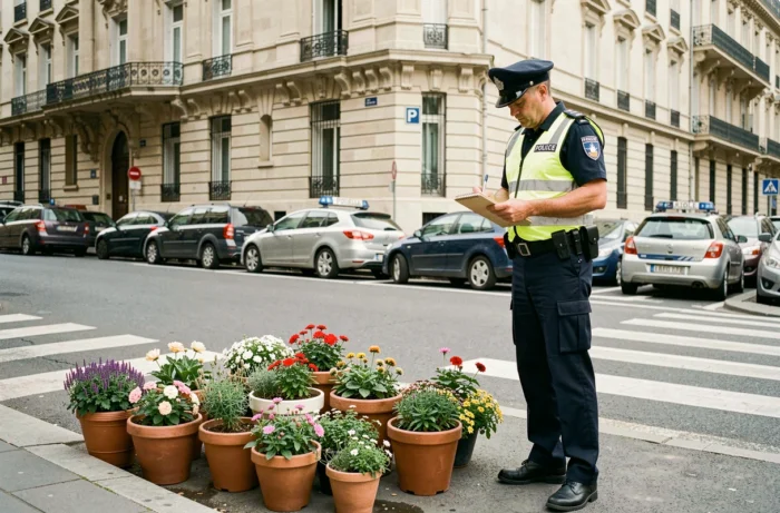 Agent de police municipale constatant un abus de pots de fleurs utilisés pour bloquer une place de stationnement sur la voie publique