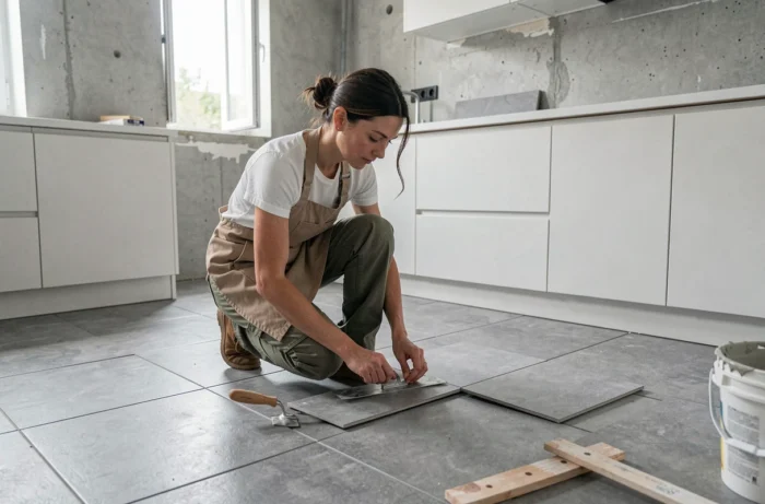 Femme posant du carrelage dans une cuisine en cours de rénovation