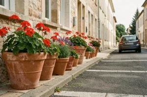Rangée de pots de fleurs en terre cuite bloquant une place de stationnement devant une maison en pierre dans une rue résidentielle française
